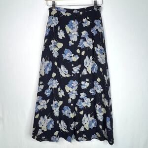 Vintage Liz Claiborne Collection Petite Silk Dark Blue Floral Maxi Skirt SP